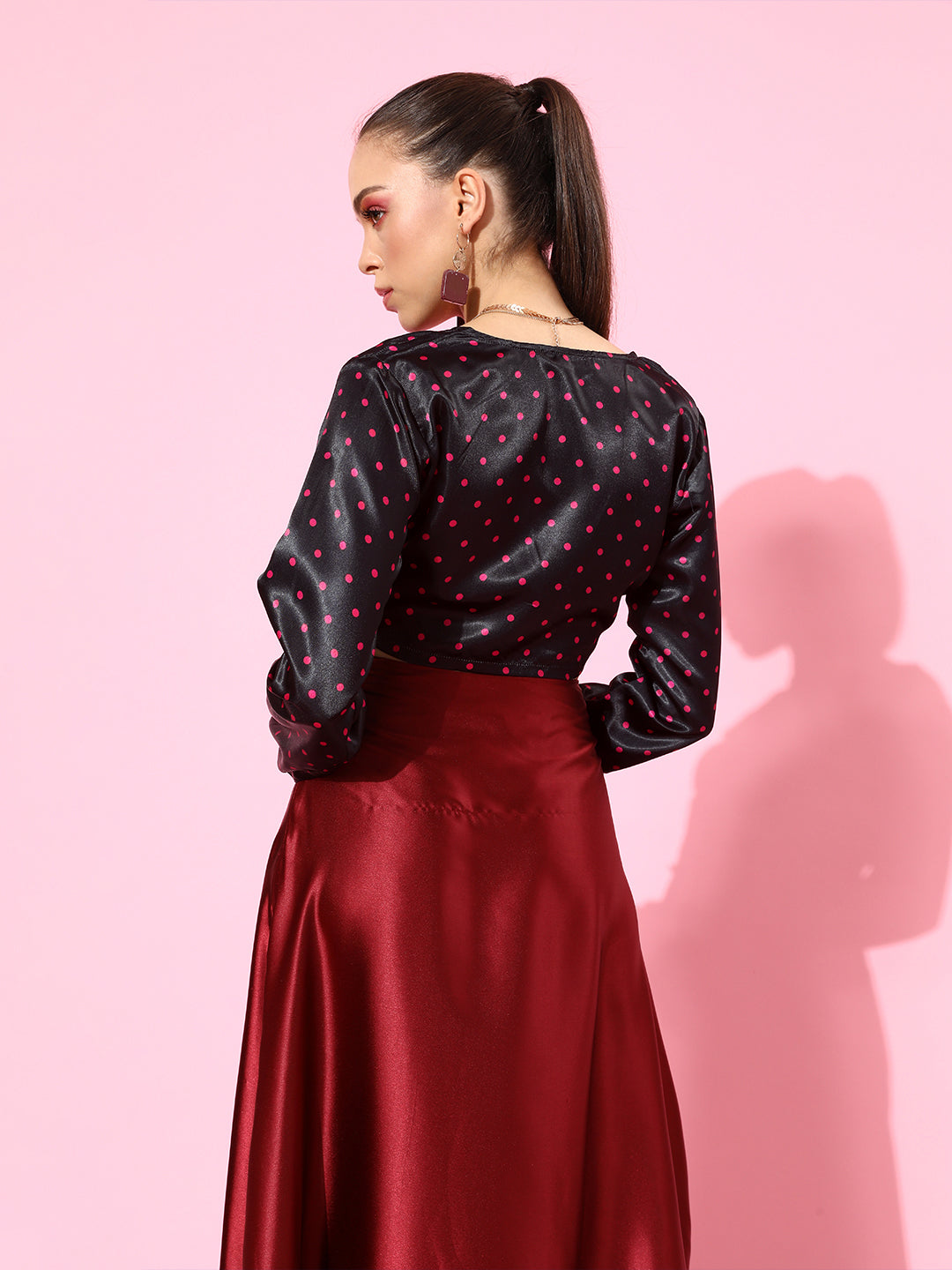 SCORPIUS Black-Pink Polka Satin Top