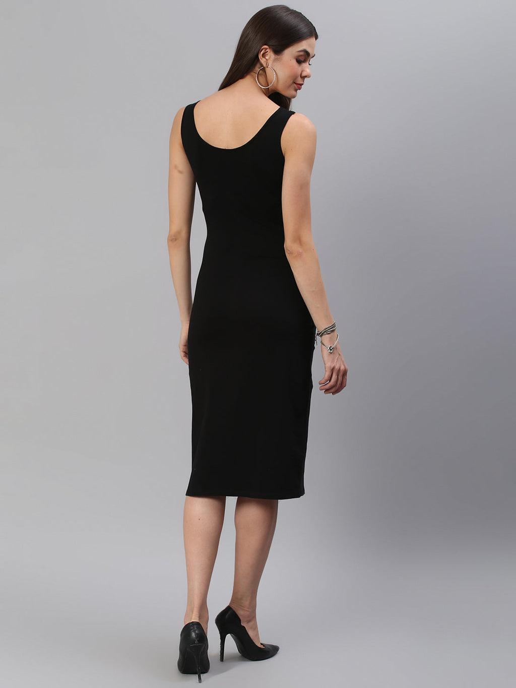 Front Slit Solid Black Dress