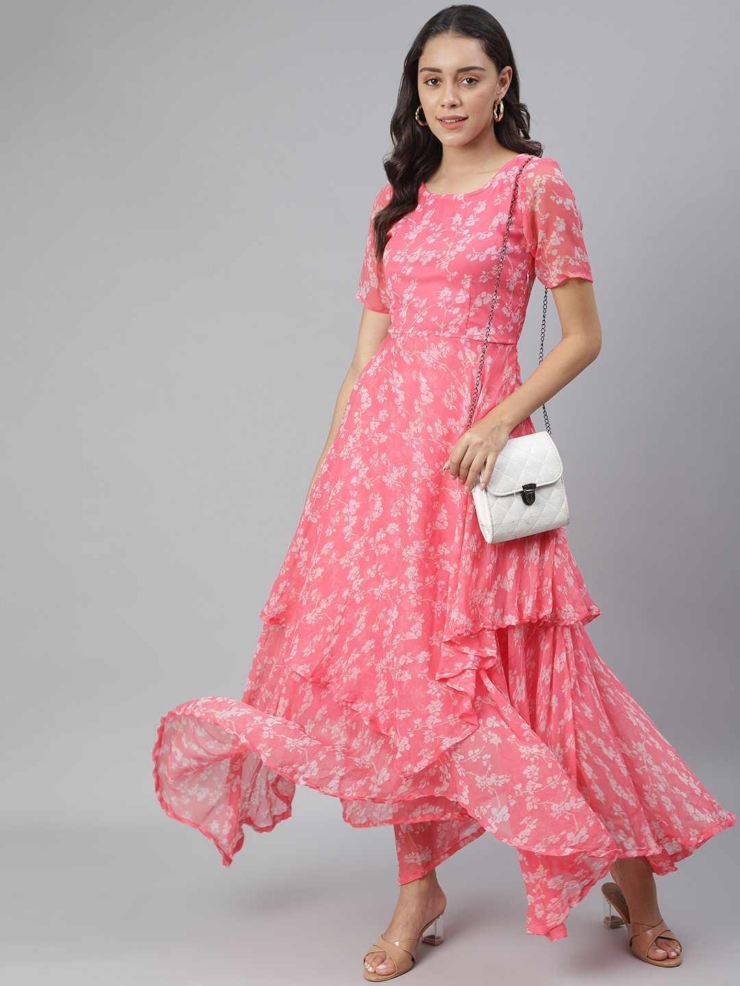 SCORPIUS Pink Flared Printed maxi Dress