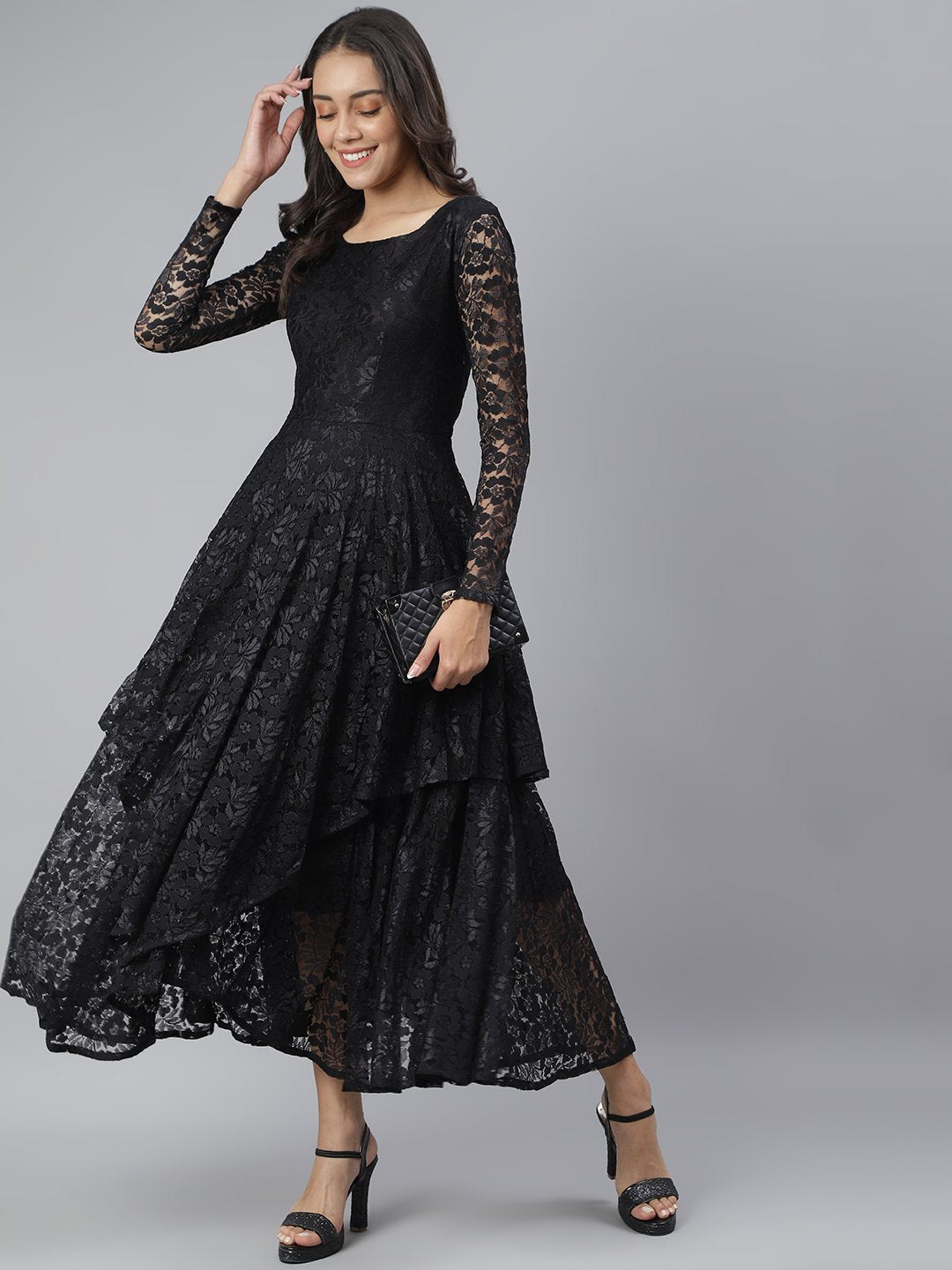 SCORPIUS Black Flared Printed maxi Dress
