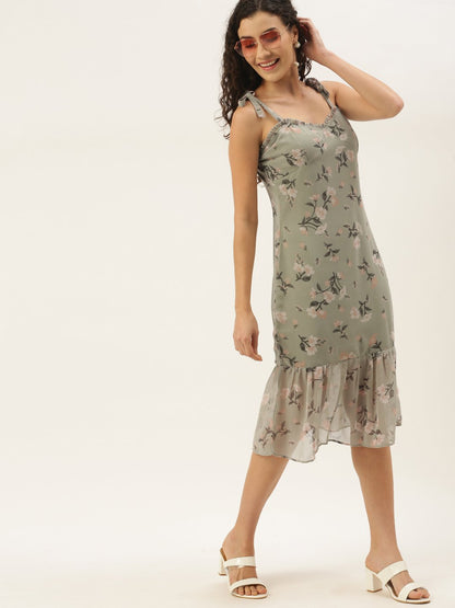 Gorgeous Green Grey Floral Waisted Dress