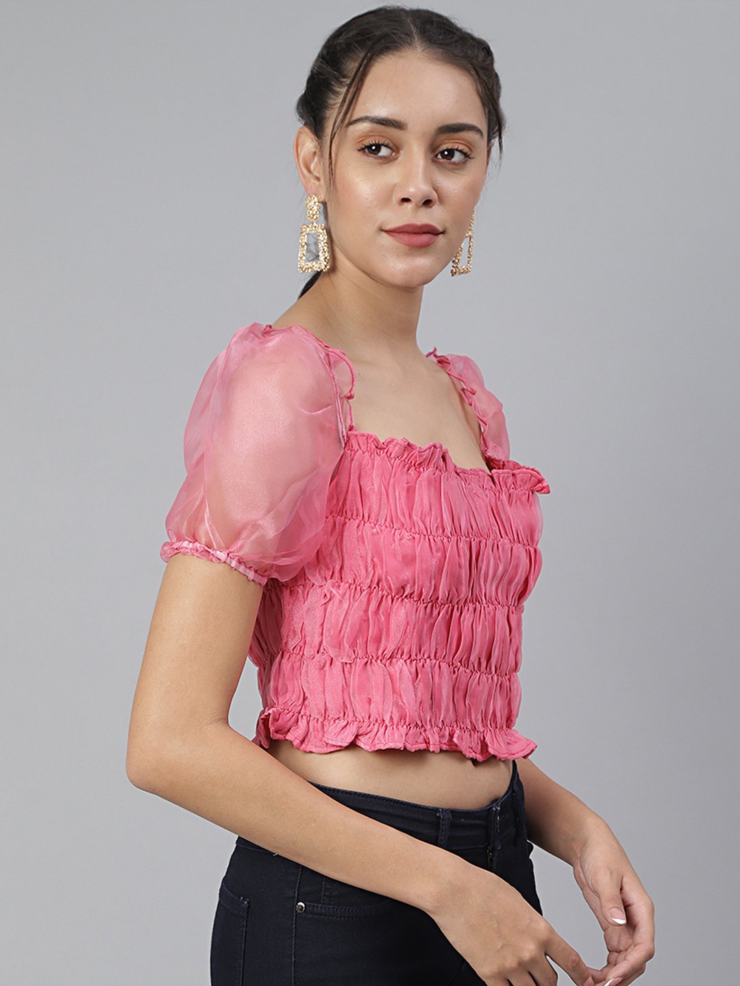 SCORPIUS Pink Organza Ruched Crop top