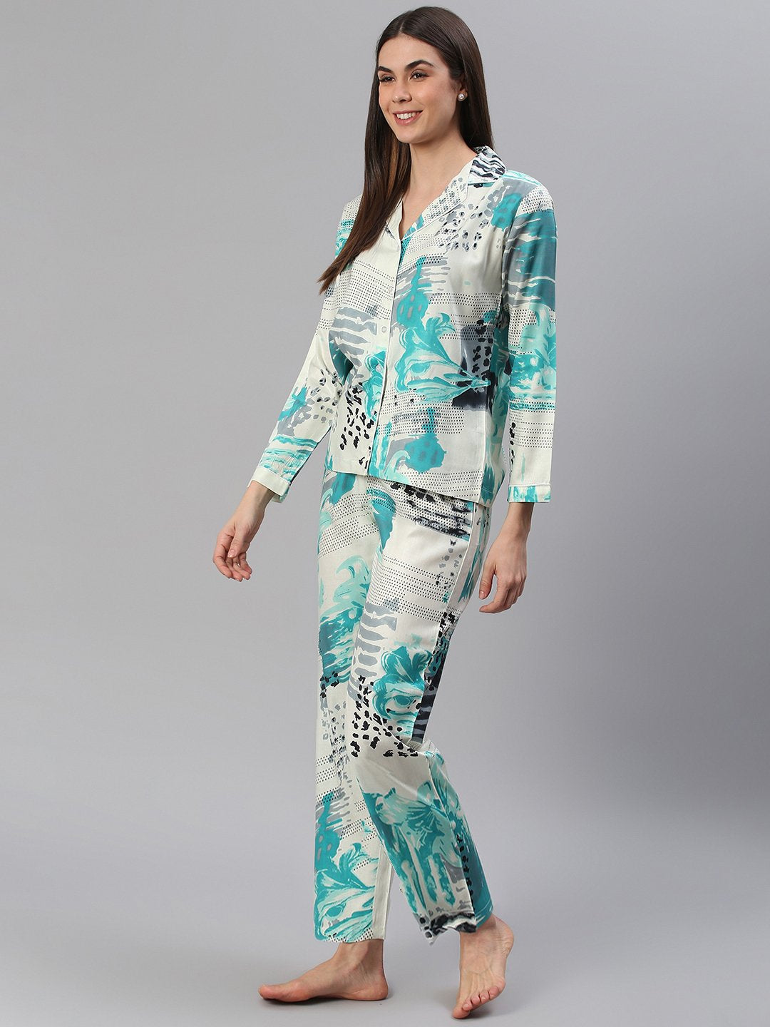 Cation White Blue Printed Night Suit
