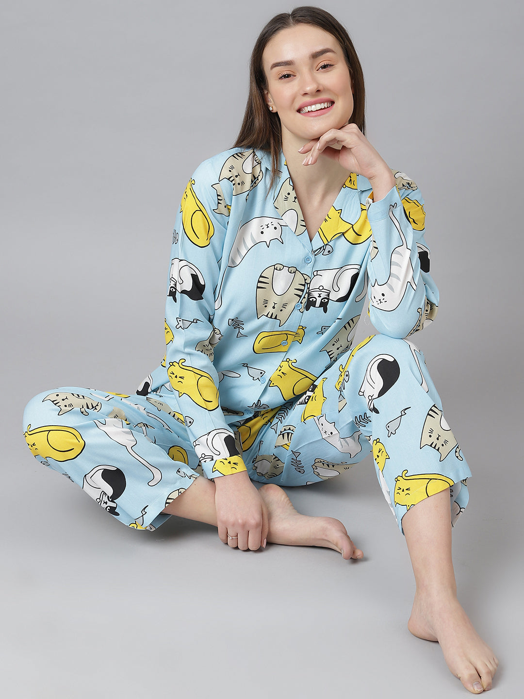 Cation Blue Printed Night Suit