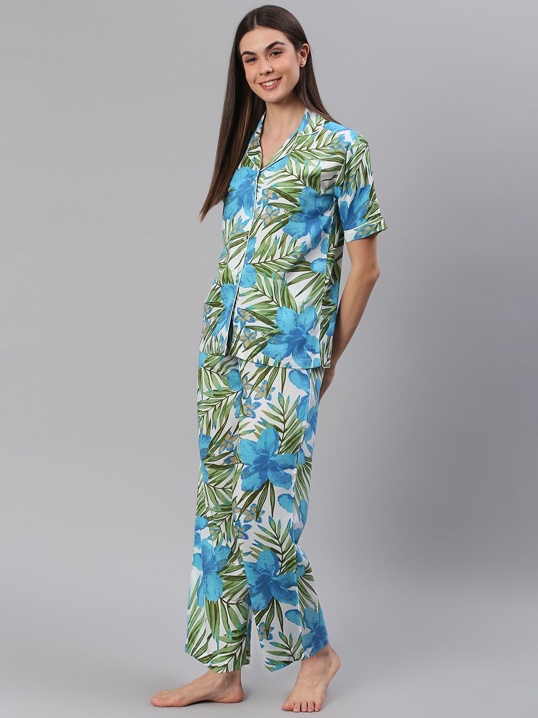 Cation Blue Tropical Print Night Suit