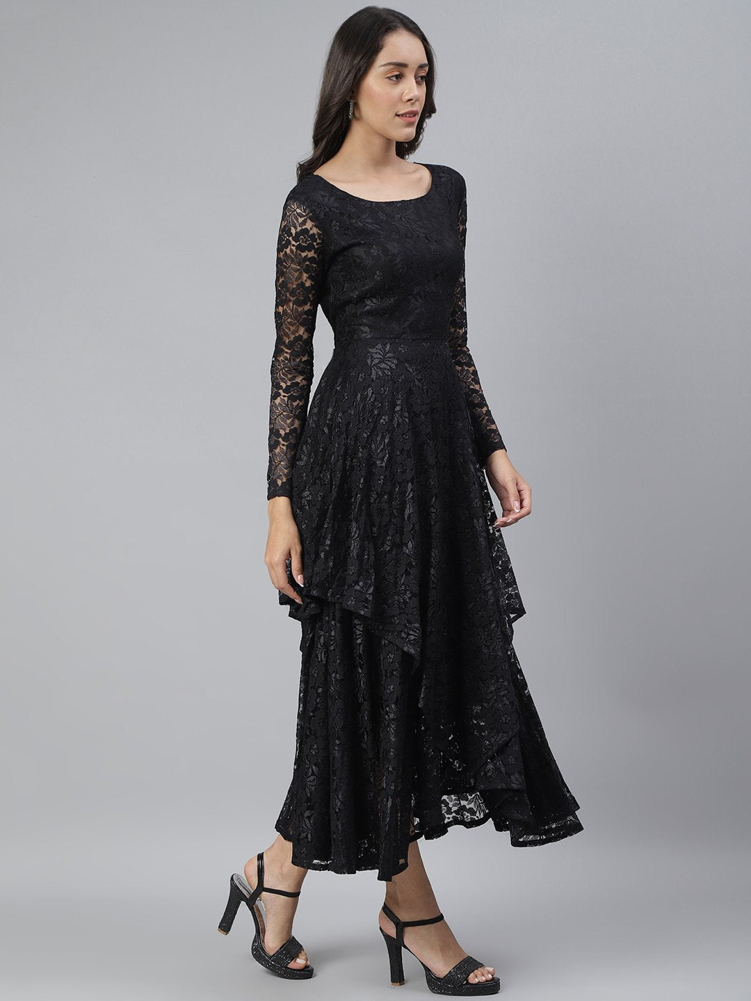 SCORPIUS Black Flared Printed maxi Dress
