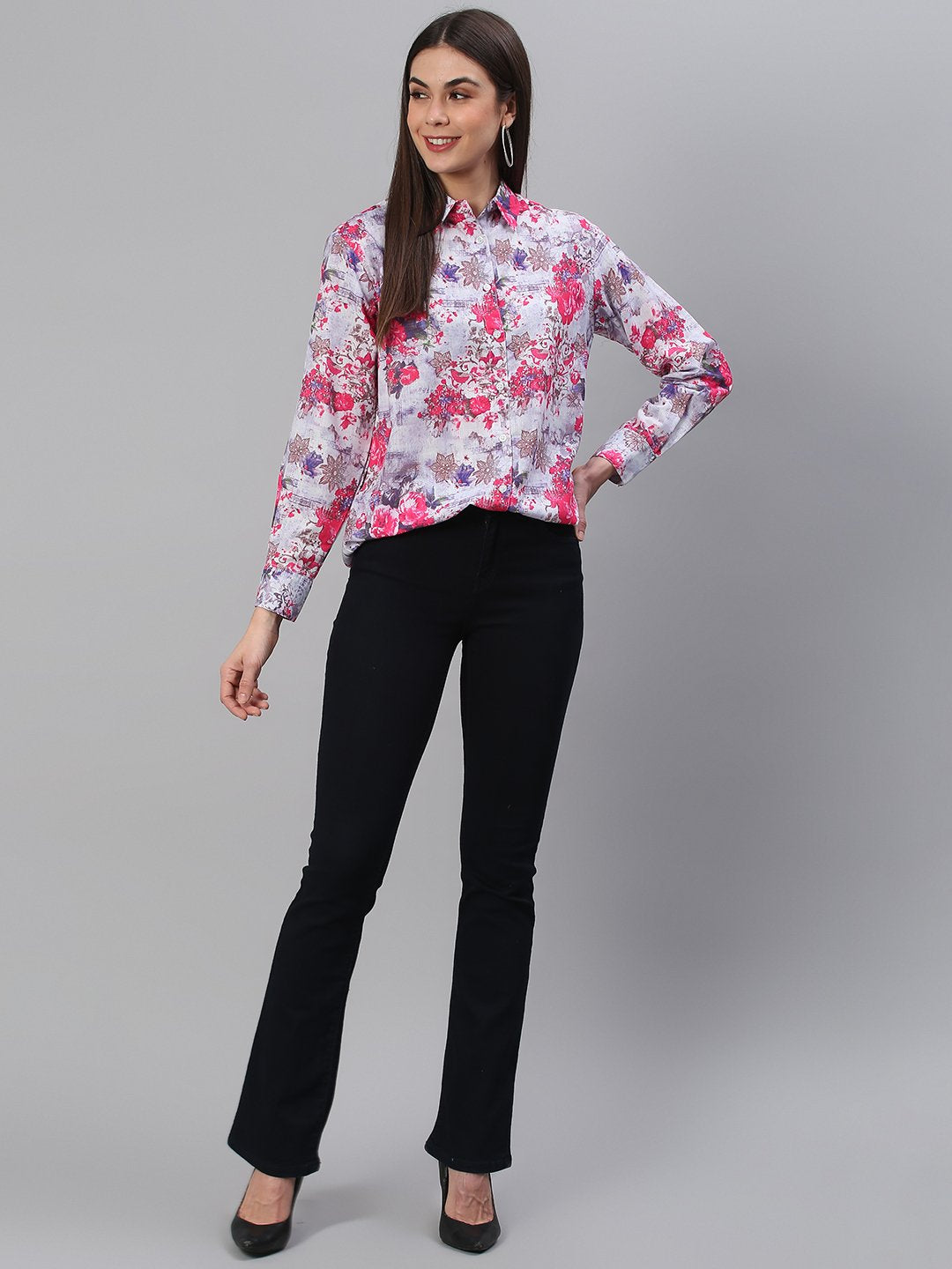 White Pink Floral Print Shirt