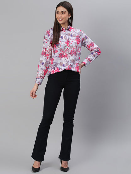 White Pink Floral Print Shirt