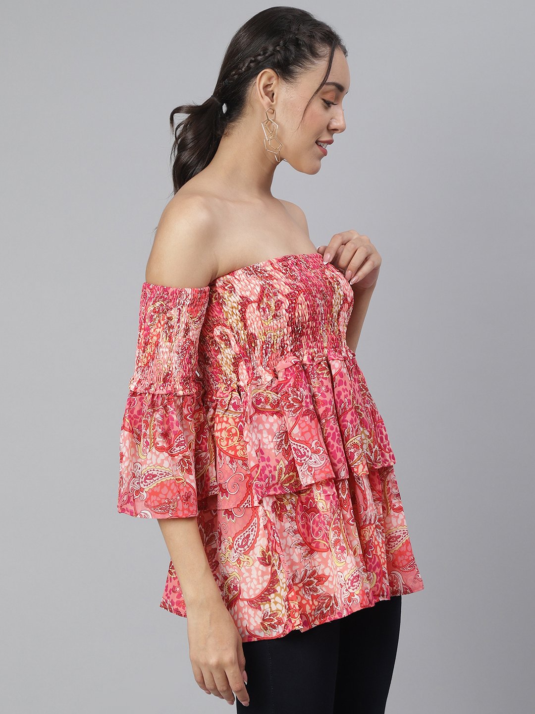 SCORPIUS Pink printed offshoulder frill sleeve top