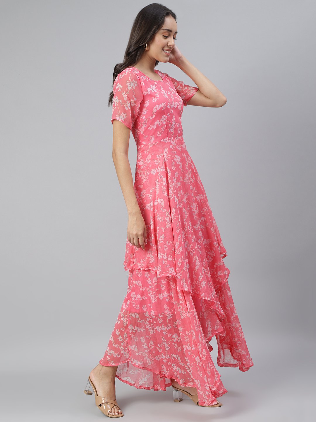 SCORPIUS Pink Flared Printed maxi Dress