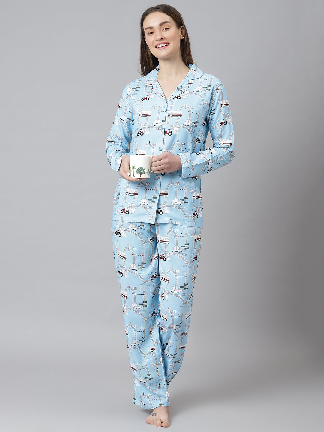 Cation Blue Printed Night Suit