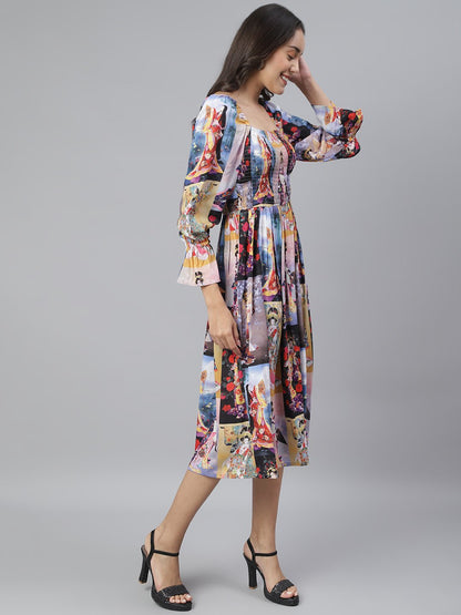 SCORPIUS Black Printed Smocked Dress