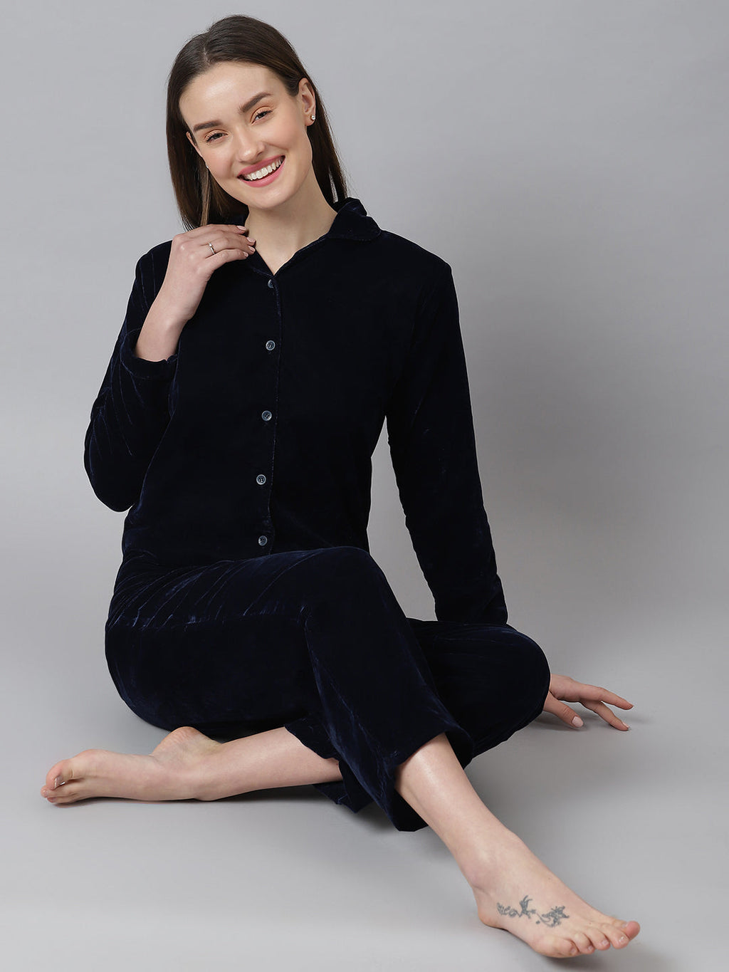 Cation Navy Blue Velvet Night Suit