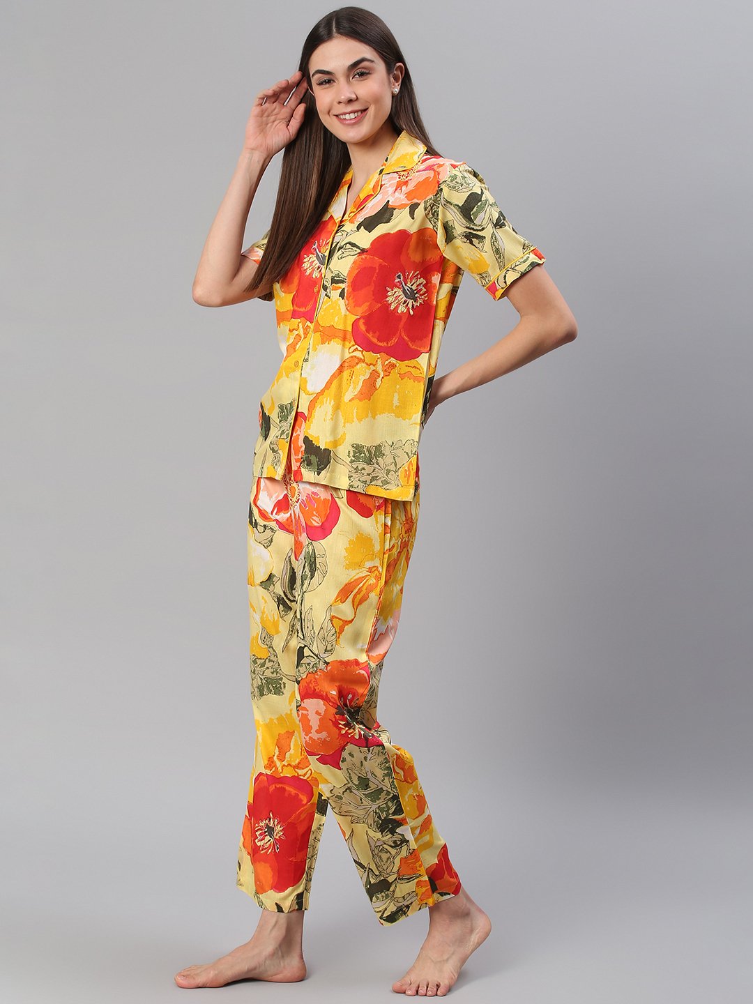 Cation Yellow Floral Night Suit