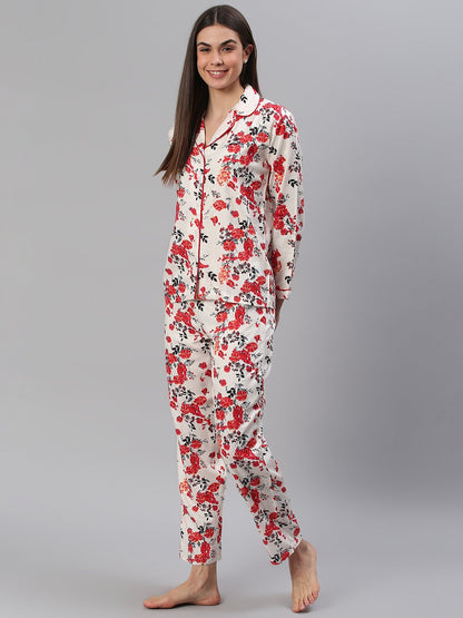 Cation White Floral Night Suit