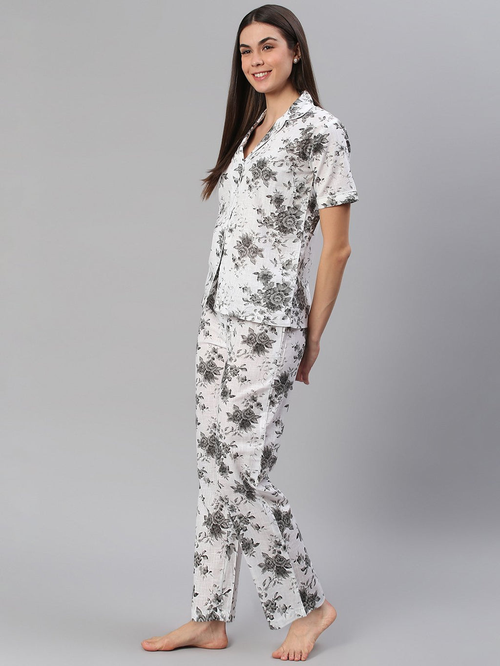 Cation White Floral Night Suit