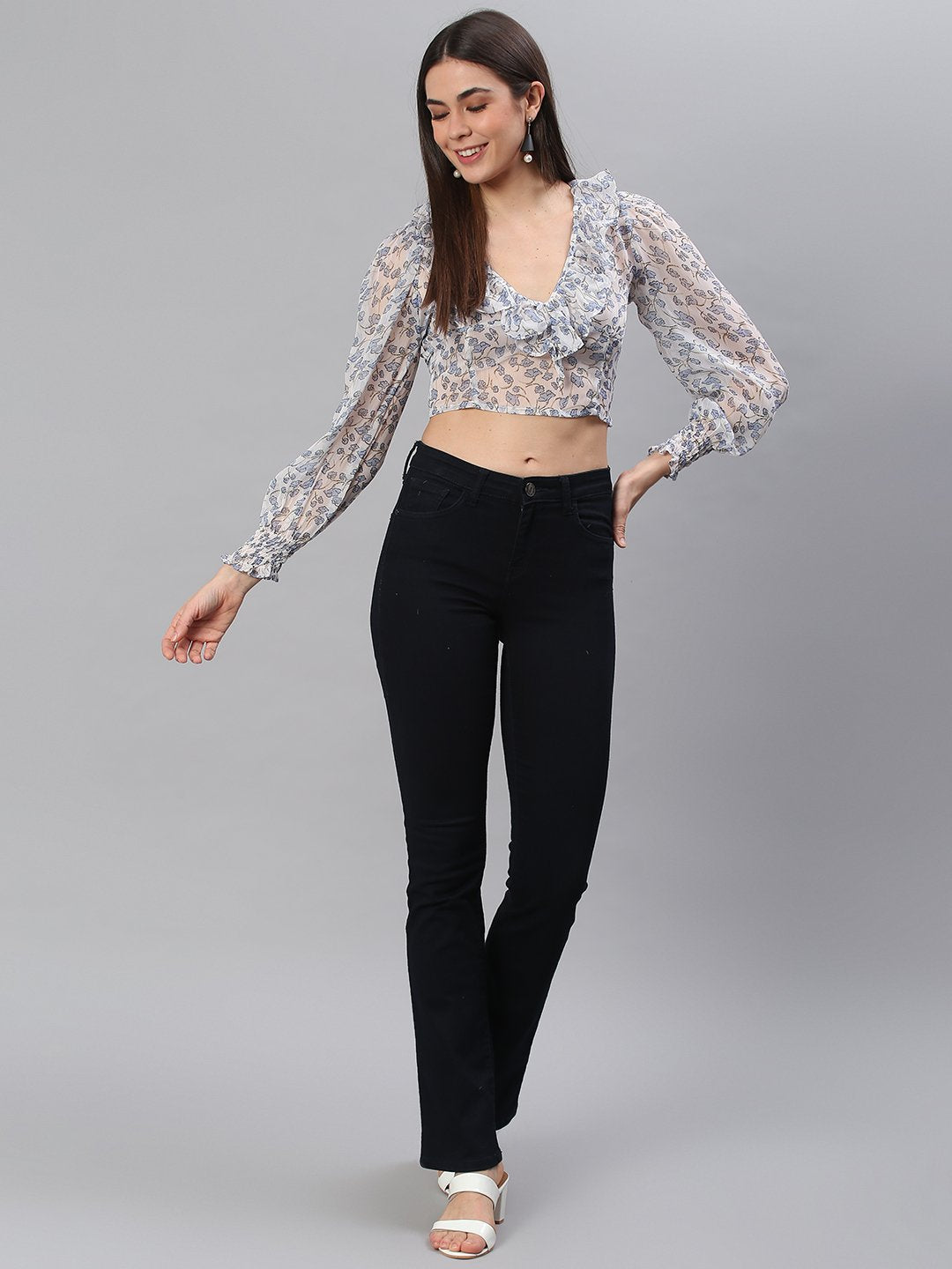 White Blue Printed Top