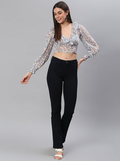 White Blue Printed Top