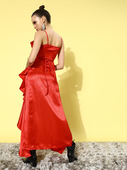 SCORPIUS Satin Solid Red Maxi Dress