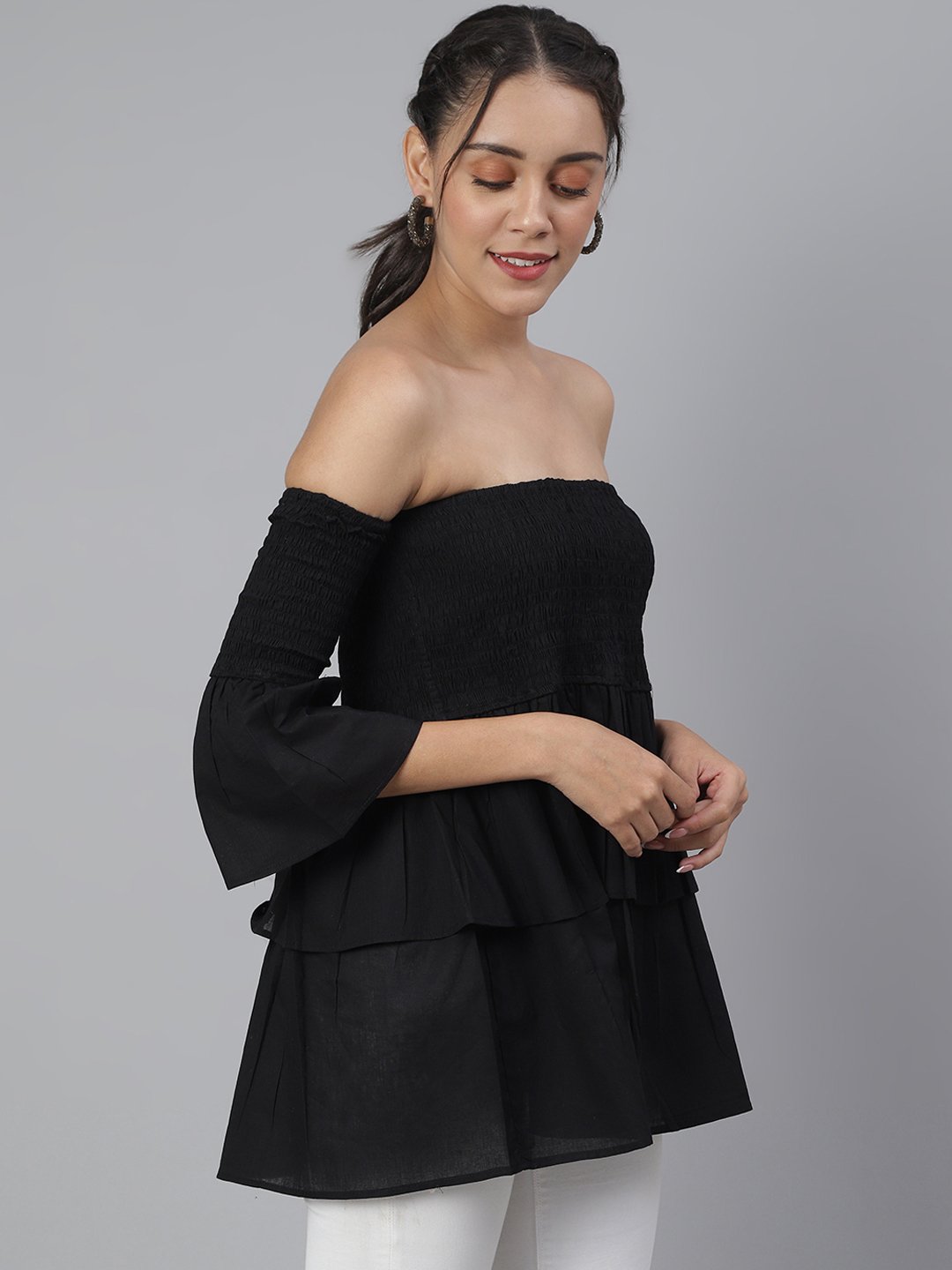 SCORPIUS Black Smocked Offshoulder Top