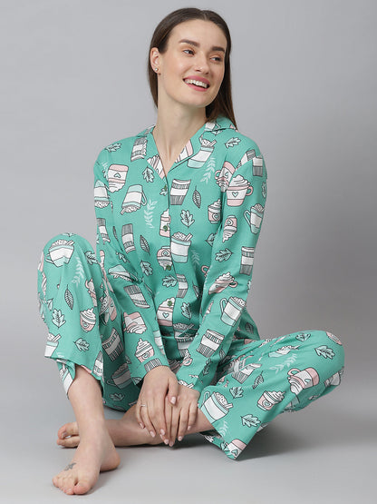 Cation Green Printed Night Suit