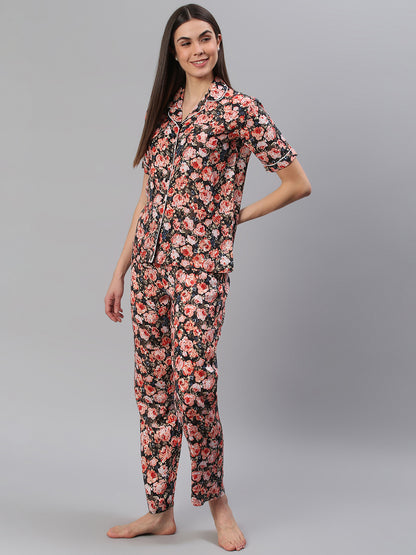 Cation Black Floral Night Suit