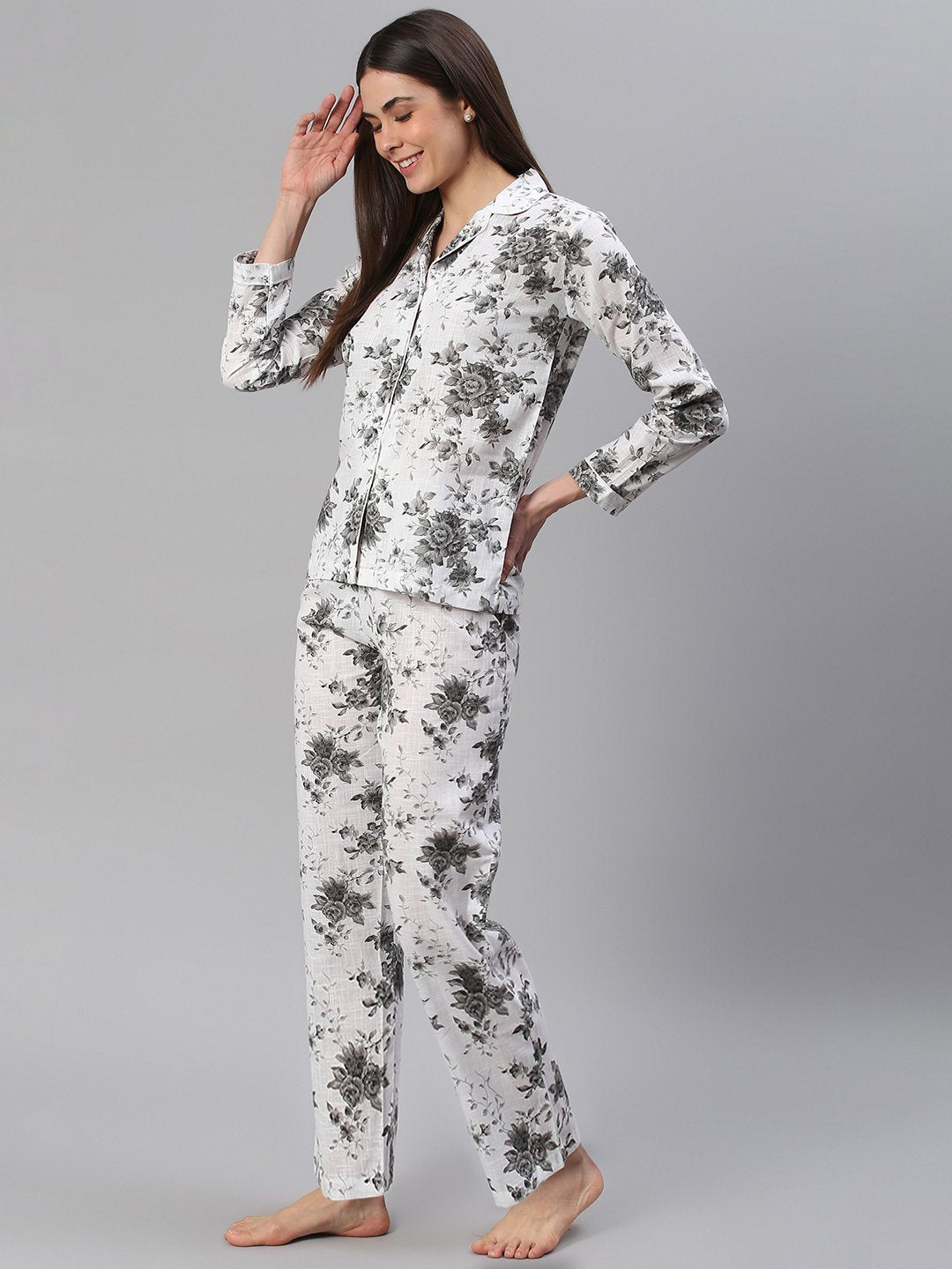Cation White Floral Night Suit