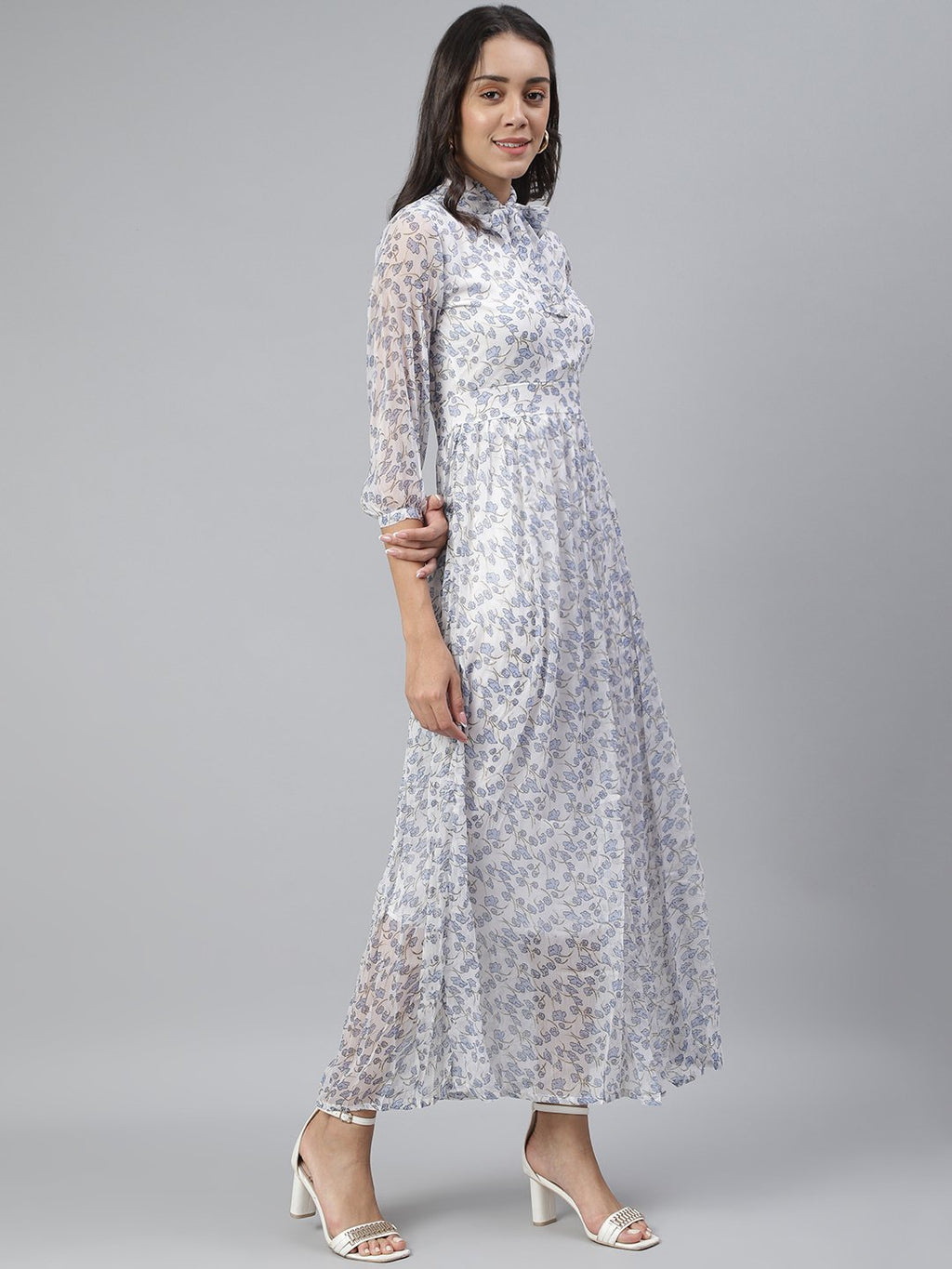 SCORPIUS Floral Tie-Up Neck Chiffon Maxi Dress