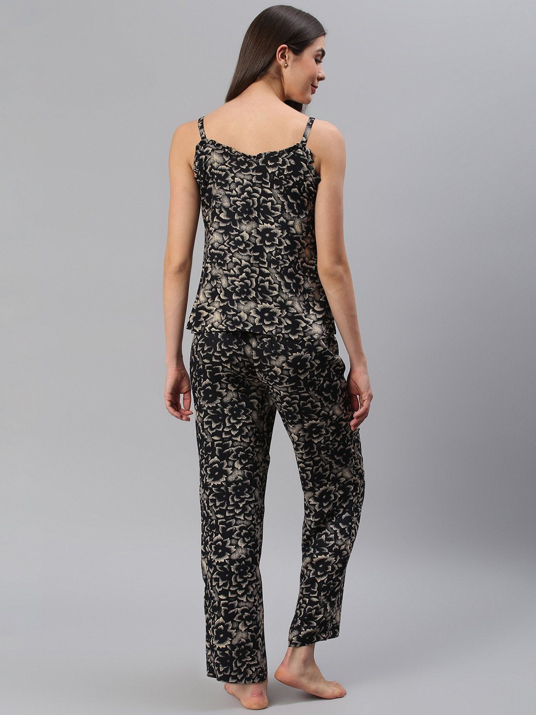 Cation Black Floral Strap Night Suit