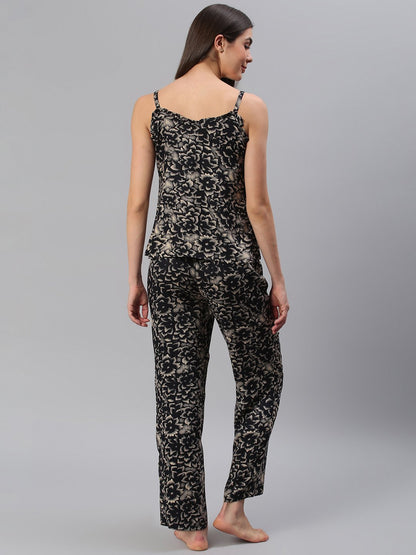 Cation Black Floral Strap Night Suit