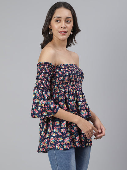 SCORPIUS Purple Printed Smocked Offshoulder Top