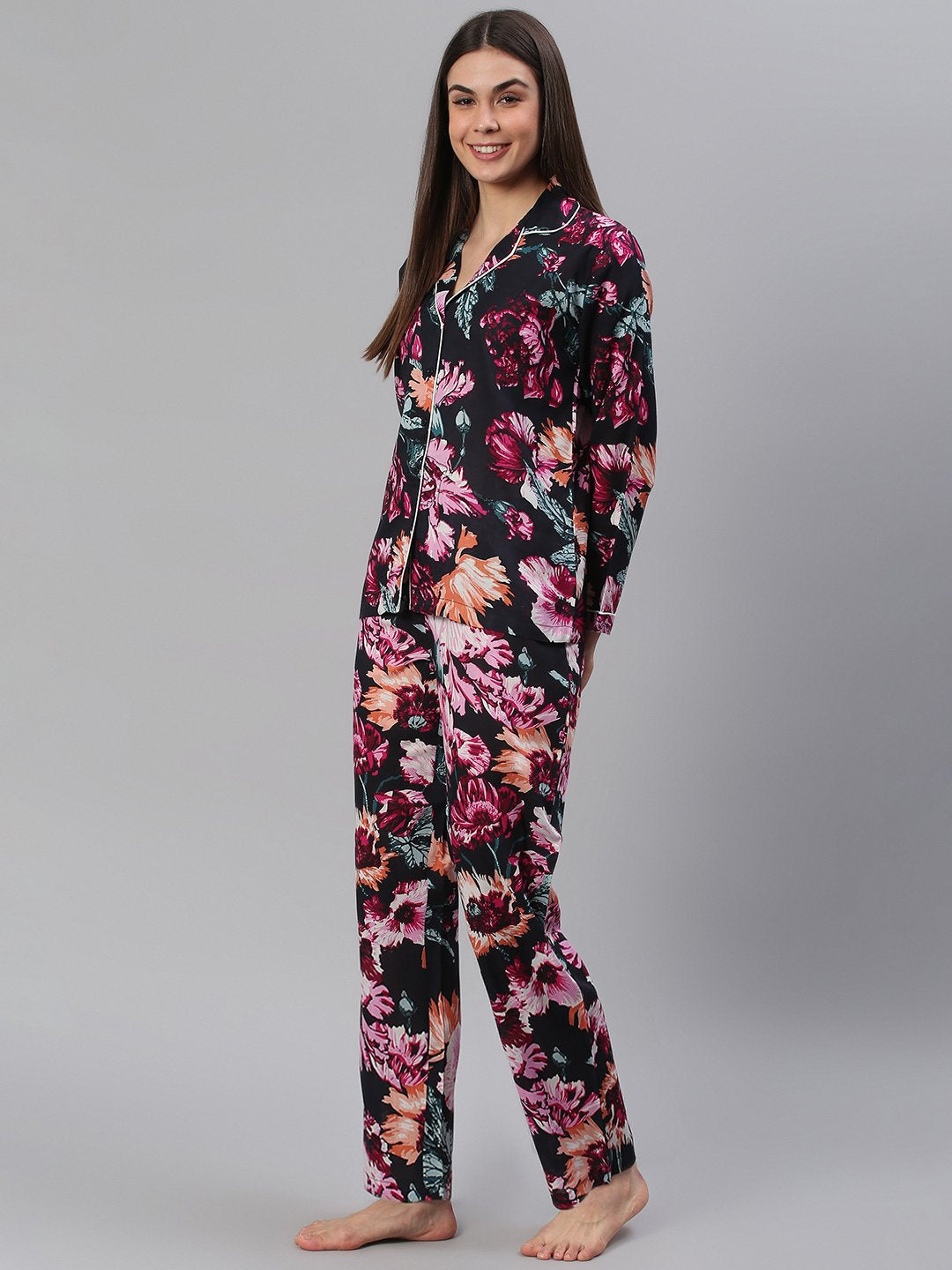 Cation Black Floral Night Suit
