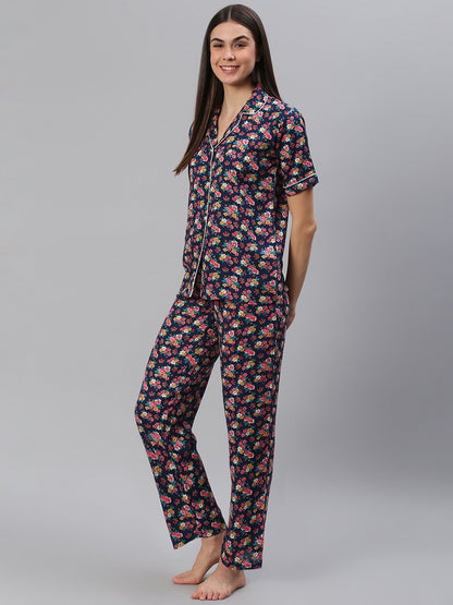 Cation Navy Floral Print Night Suit