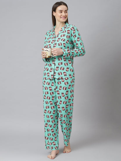 Cation Green Printed Night Suit