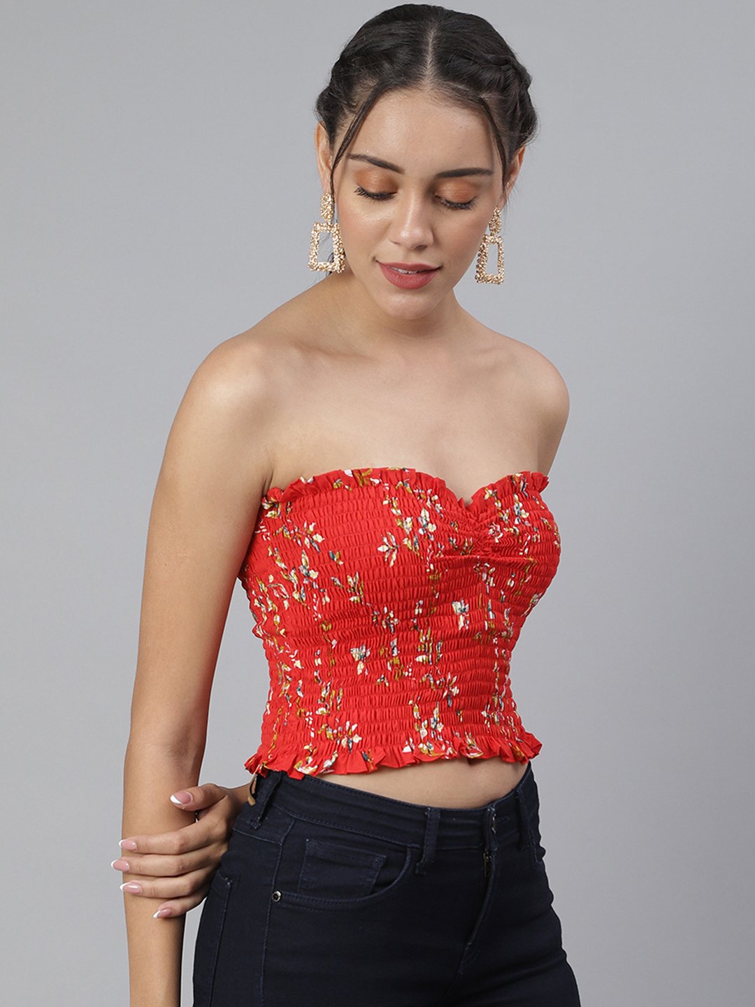 SCORPIUS Red Printed off shoulder crop top