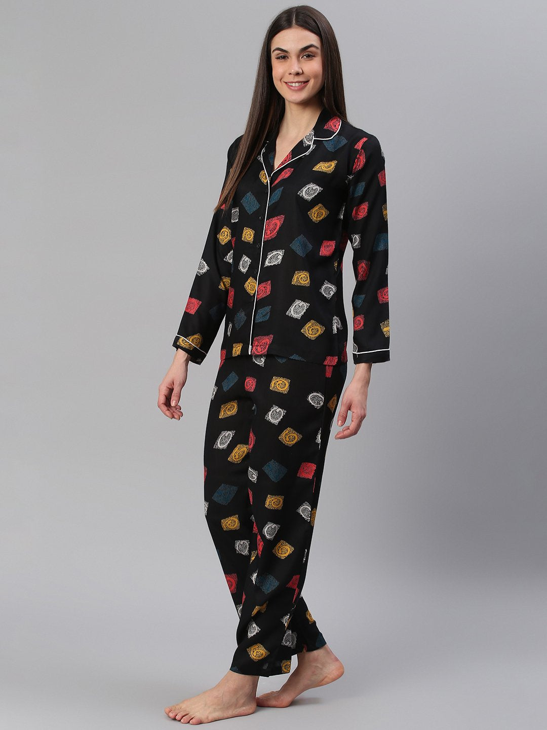 Cation Black Printed Night Suit