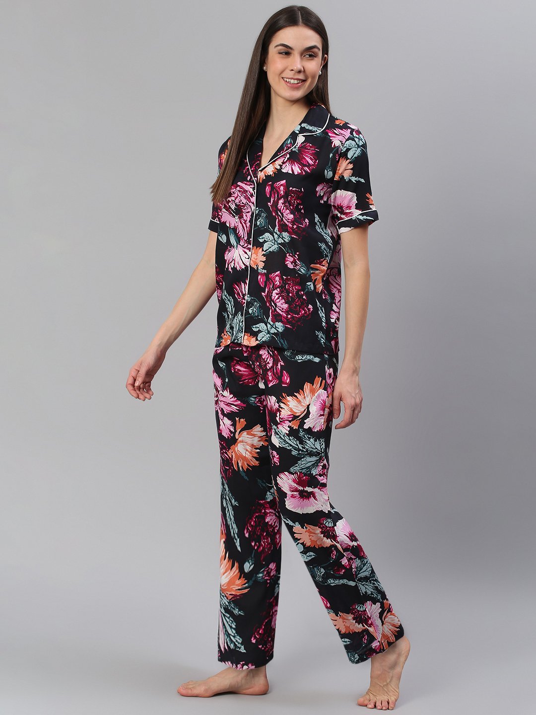 Cation Black Floral Night Suit