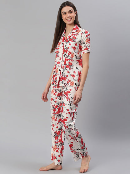 Cation White Floral Night Suit