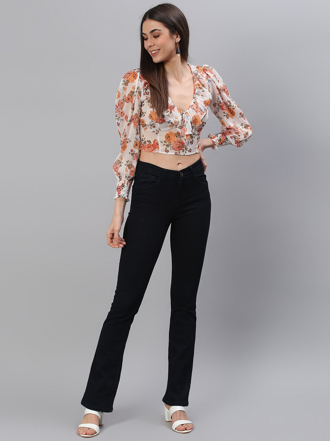White Orange Floral Top