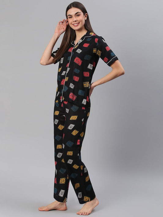 Cation Black Printed Night Suit