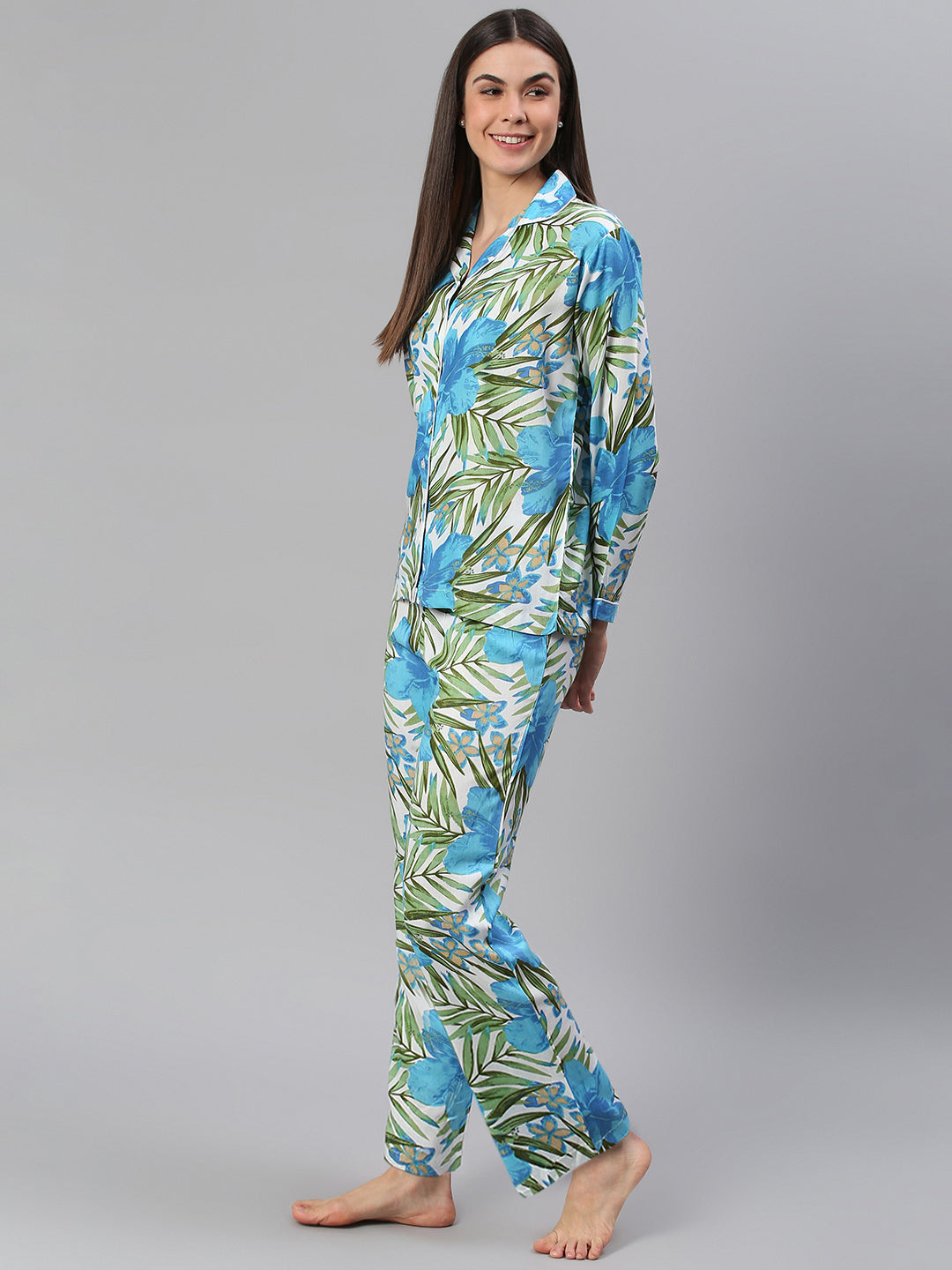 Cation Blue Tropical Print Night Suit