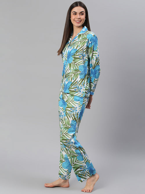Cation Blue Tropical Print Night Suit