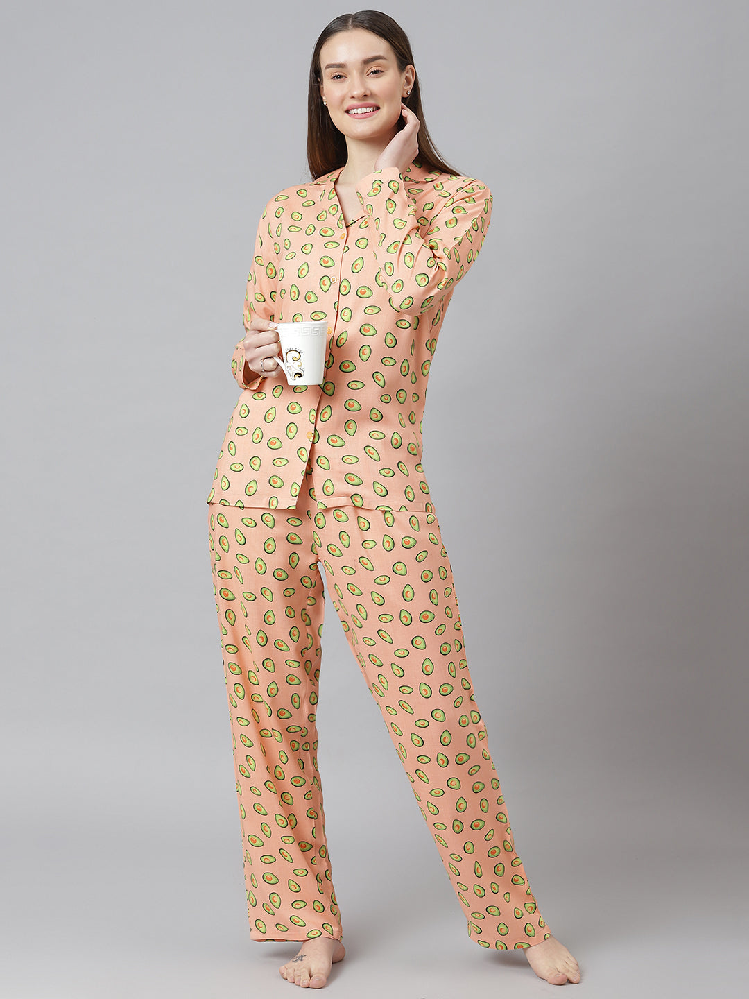 Cation Peach Printed Night Suit