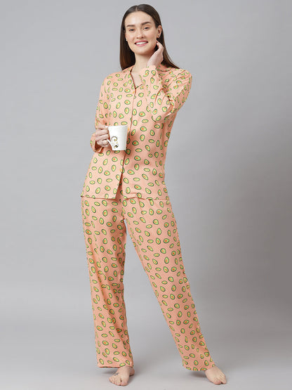 Cation Peach Printed Night Suit