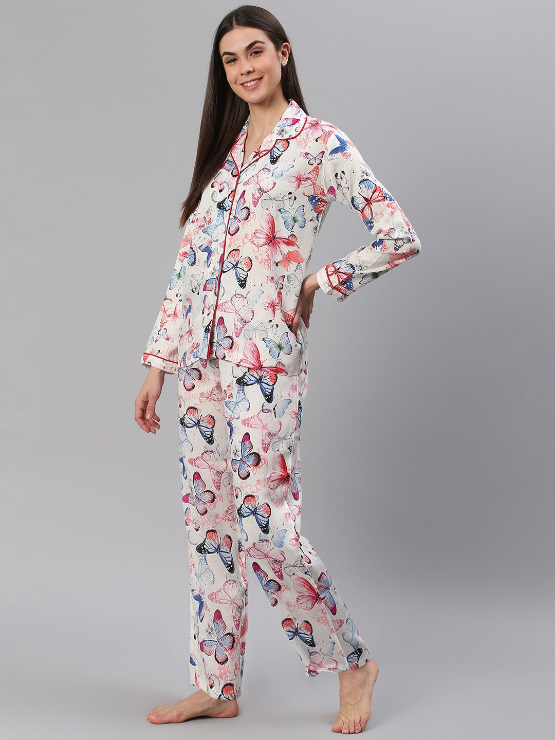 Cation White Butterfly Print Night Suit