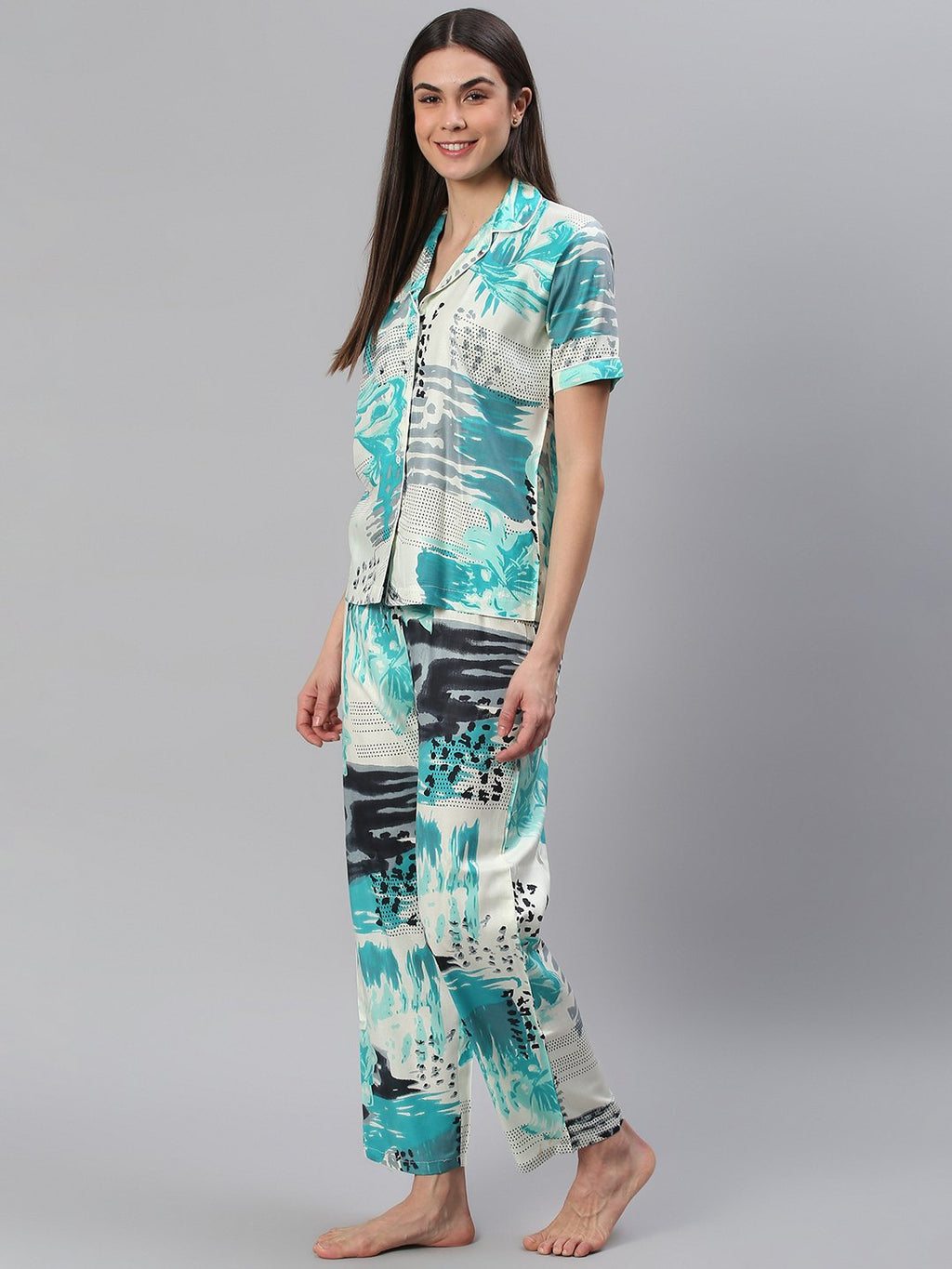Cation White Blue Printed Night Suit