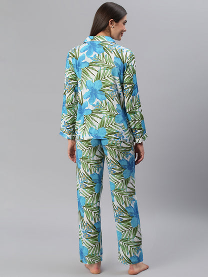 Cation Blue Tropical Print Night Suit