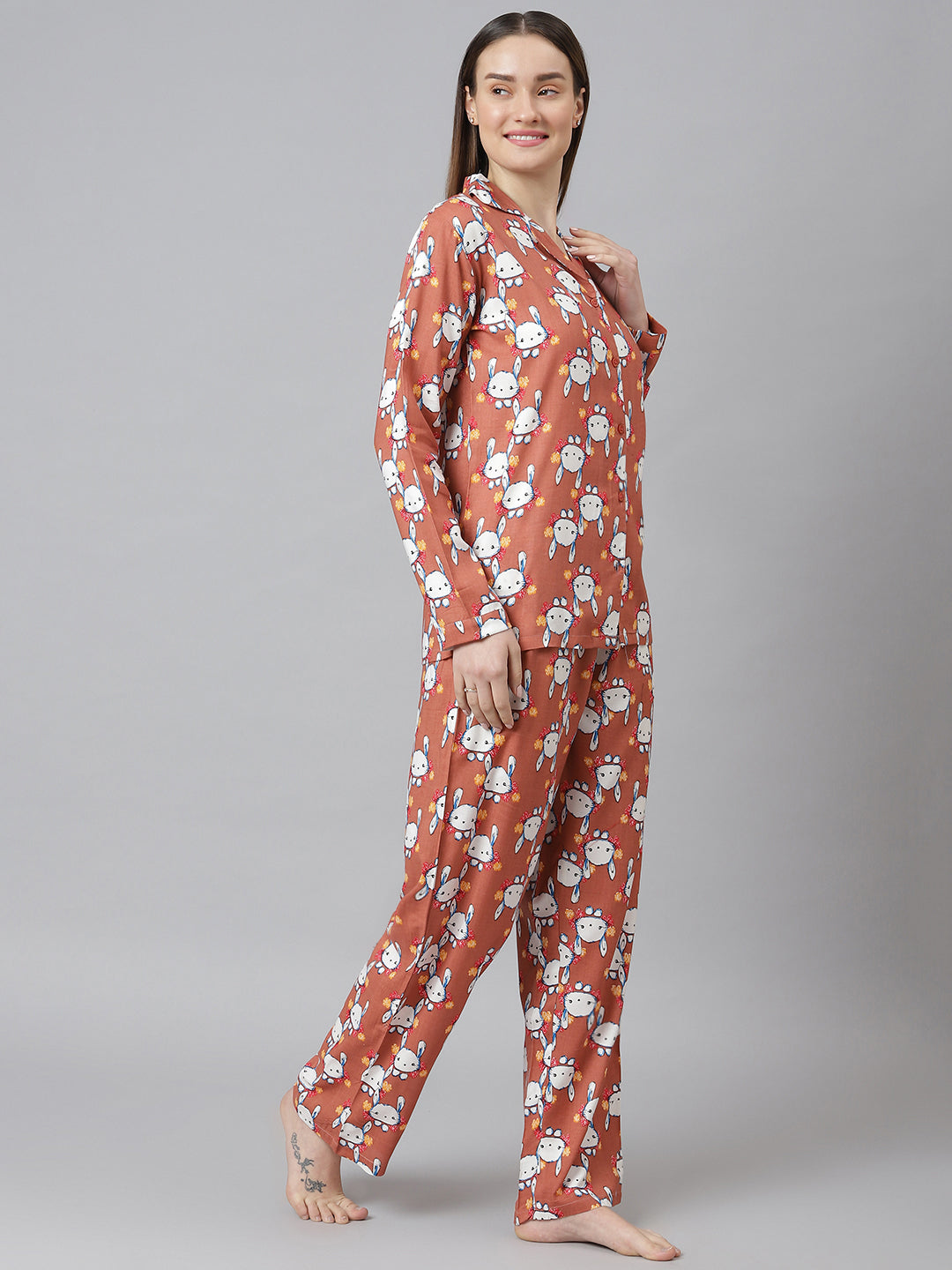 Cation Brown Printed Night Suit