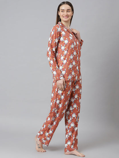 Cation Brown Printed Night Suit