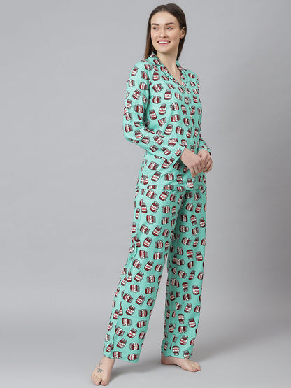 Cation Green Printed Night Suit